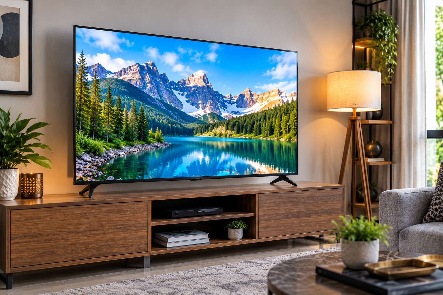 LED television displaying a mountain lake scene in a modern living room