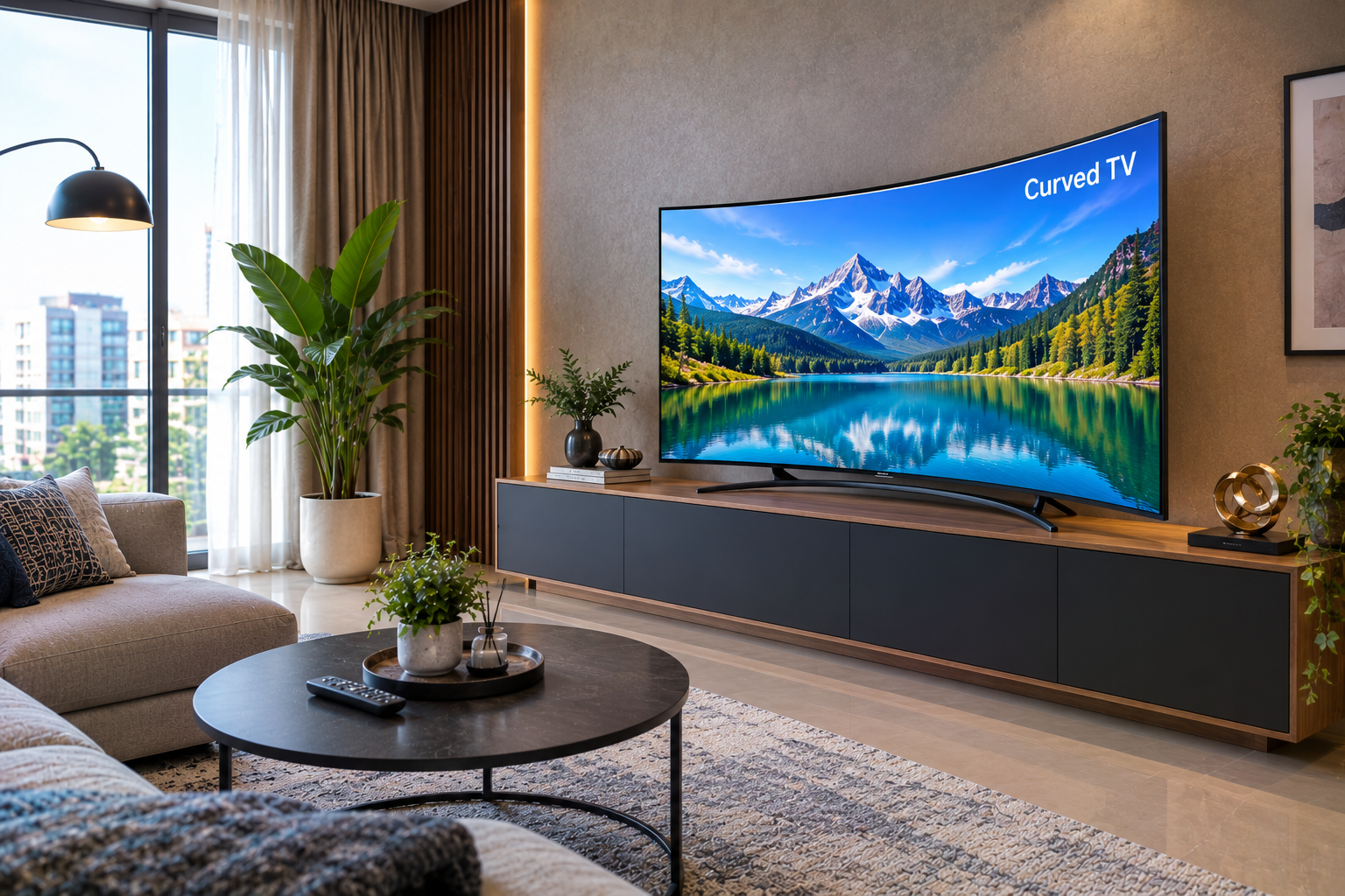 Curved television displayed in a cozy modern living room