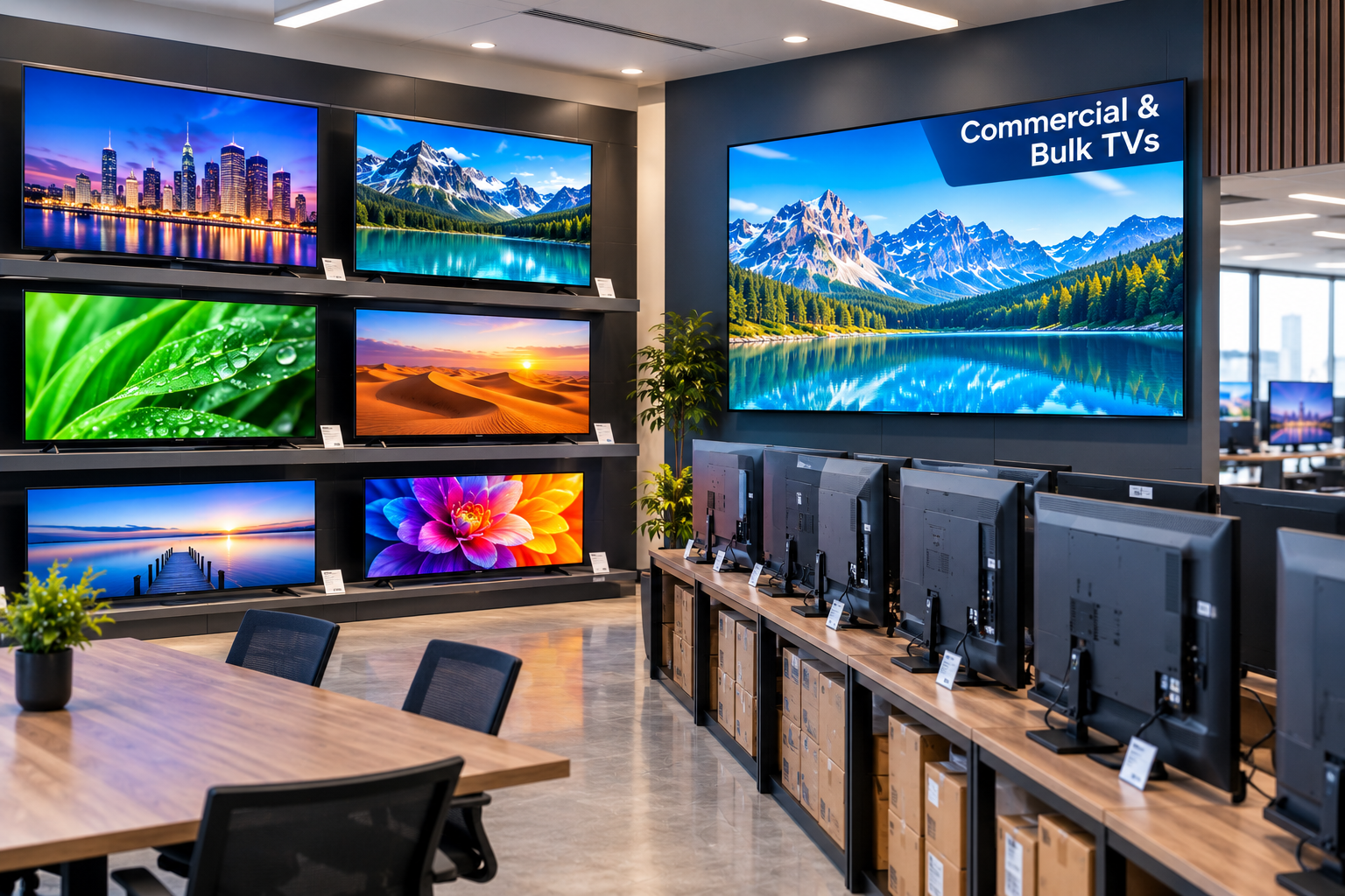 Multiple televisions displayed in a commercial electronics showroom