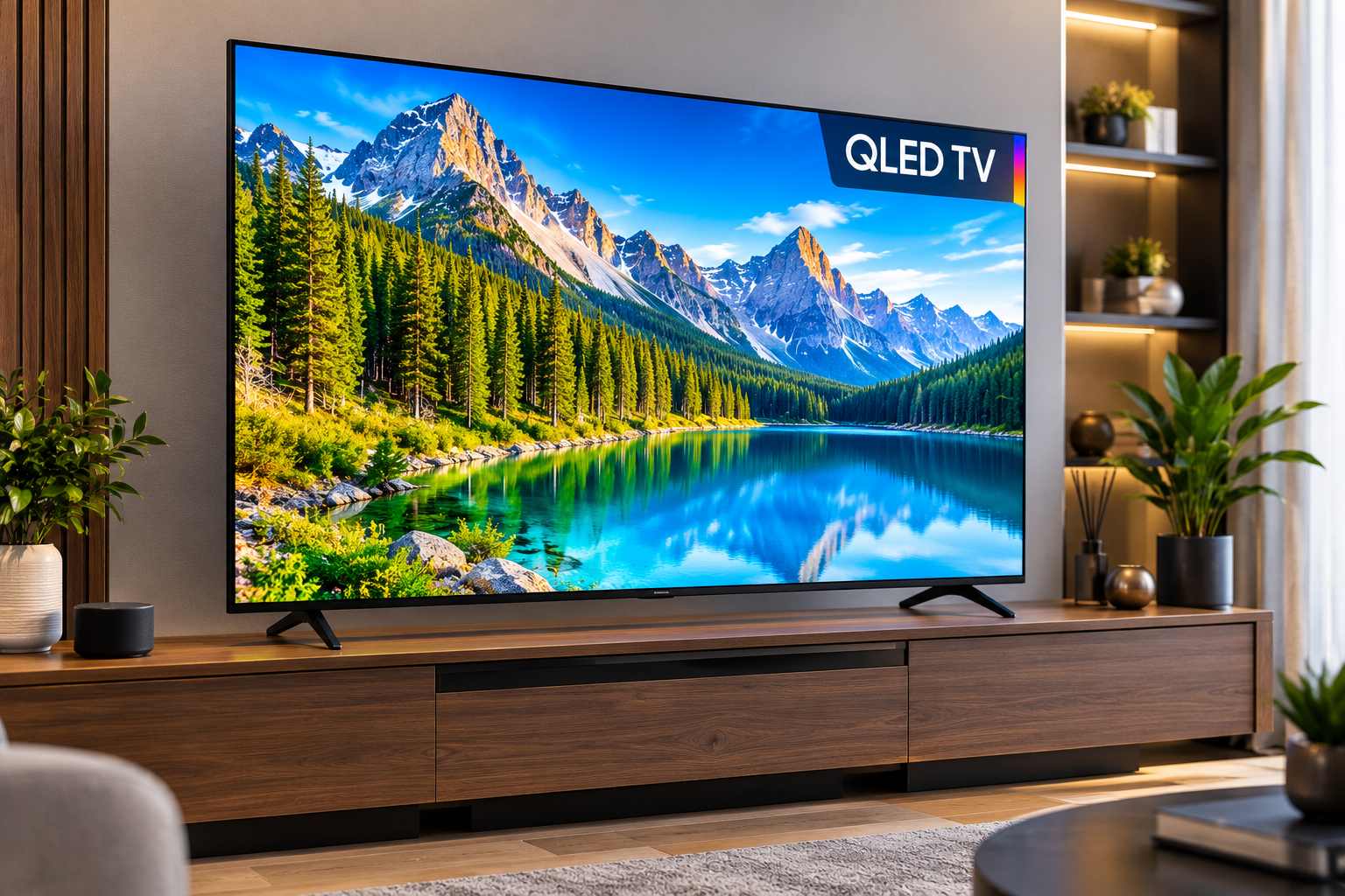 QLED television displayed in a stylish modern living room