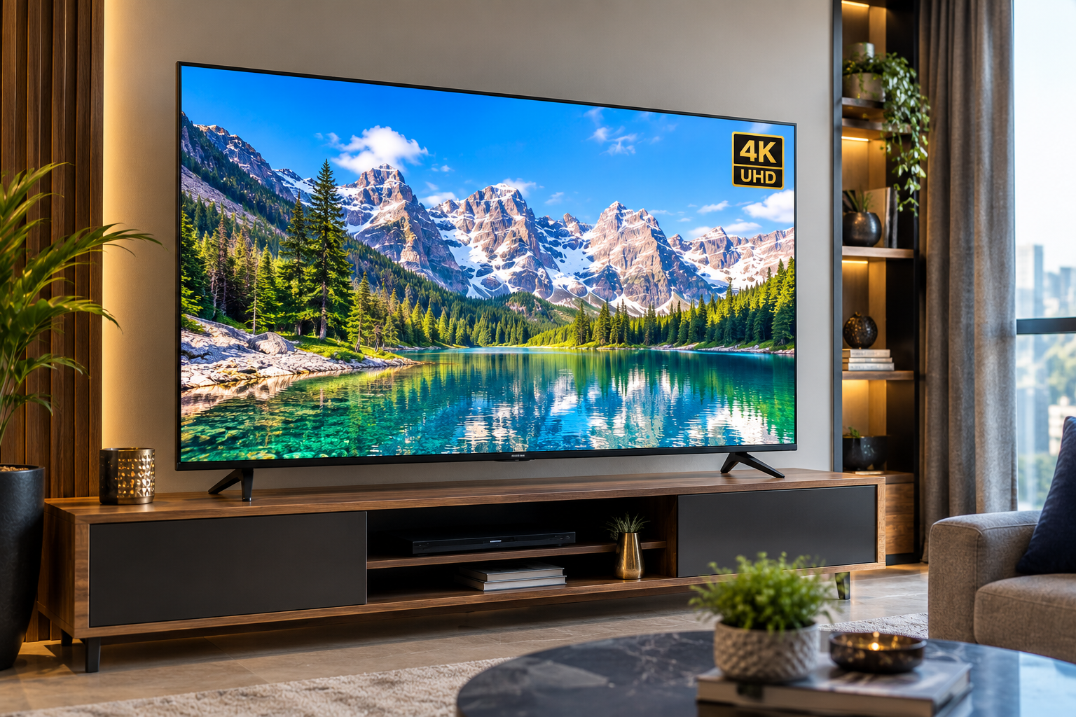 4K UHD television displaying a detailed mountain lake landscape