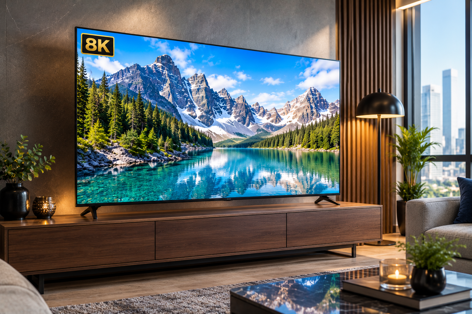 8K television showcasing a mountain lake scene in a modern living room