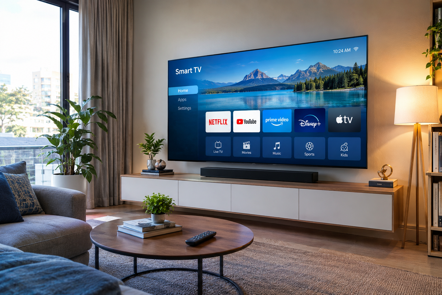Smart television displayed in a modern living room