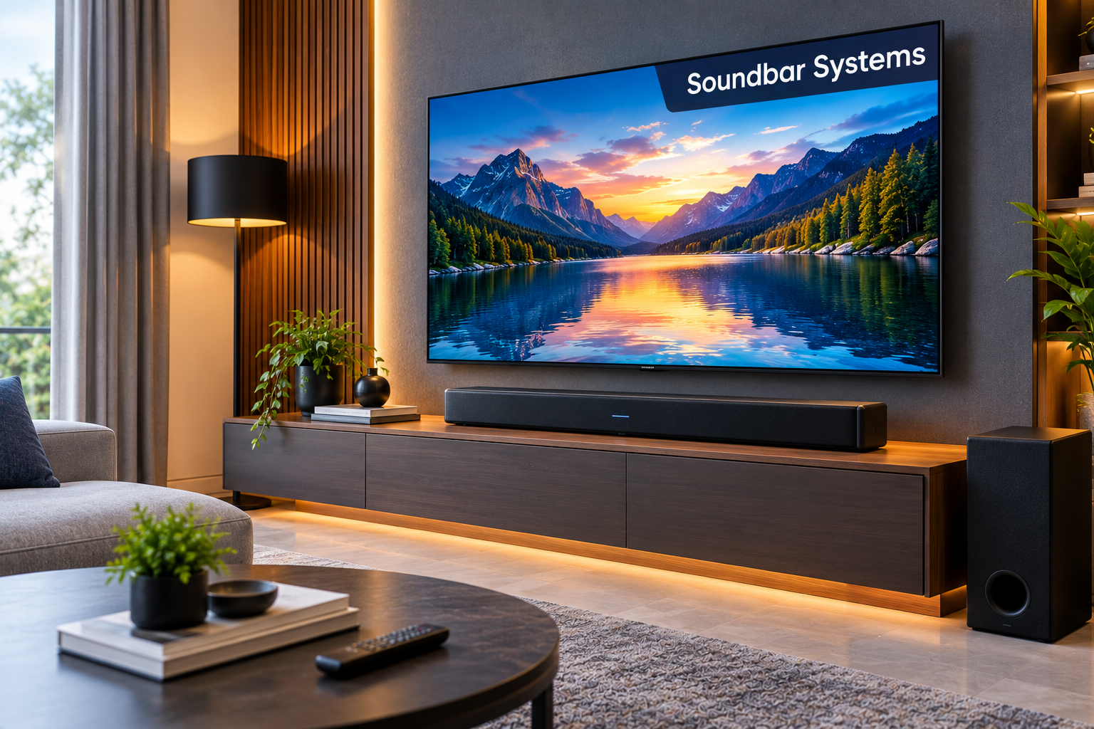 Television and soundbar system arranged on a modern media console
