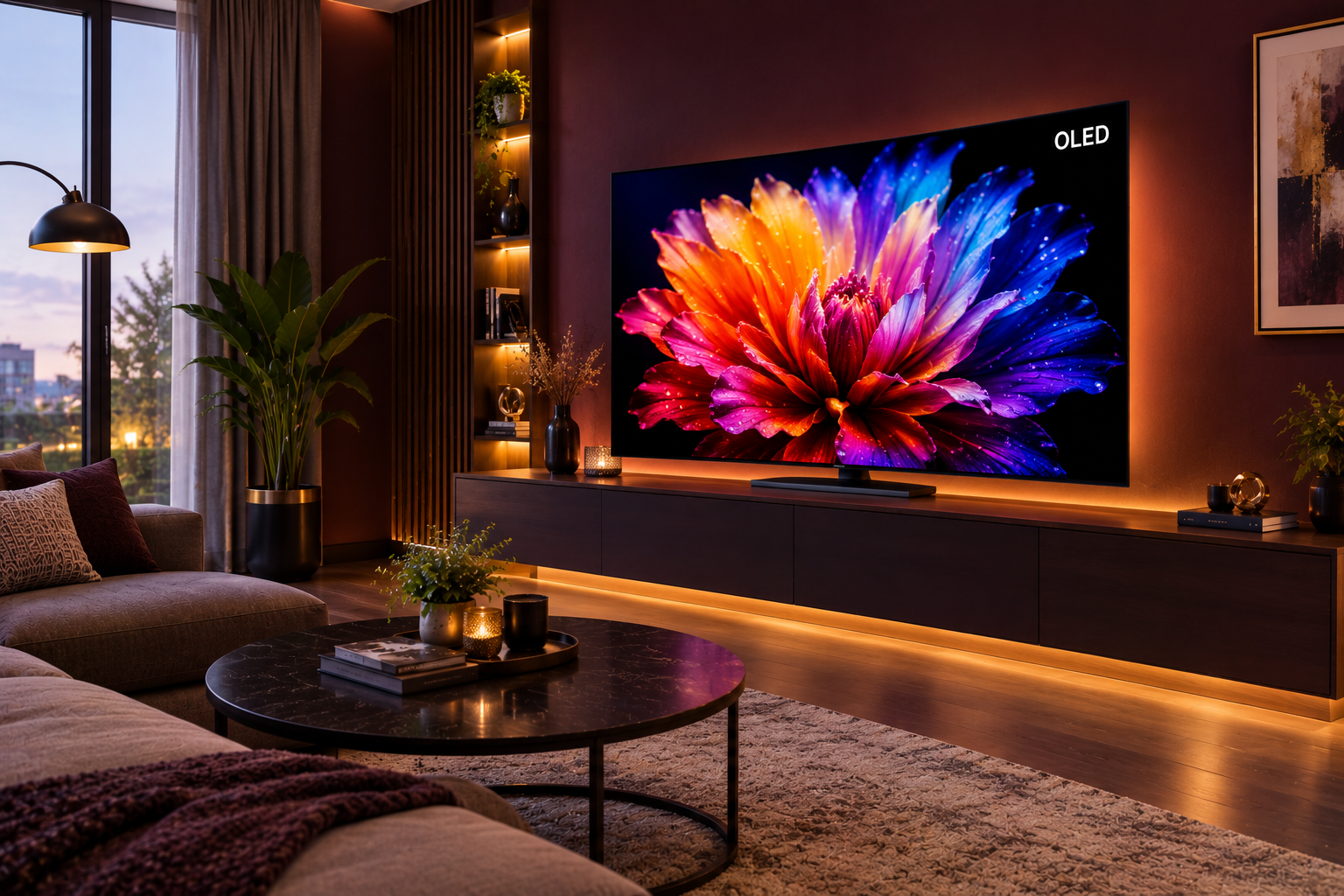 OLED television displaying vivid colourful artwork in a dark plum living room
